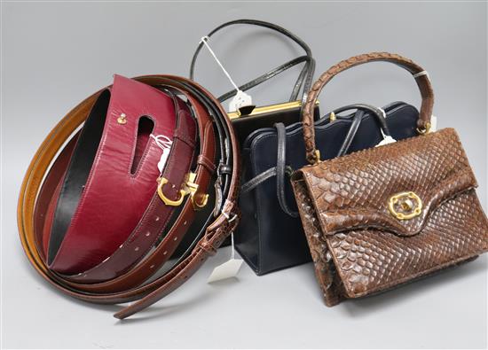 Five ladies designer leather belts and three handbags,